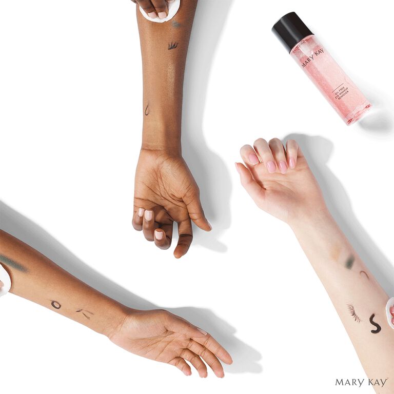 Gif of Mary Kay Oil Free Eye Makeup Remover swiping makeup off models' arms