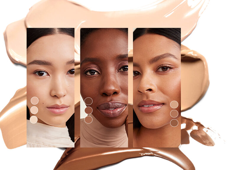 Three models in separate frames with Mary Kay product rubs in the background